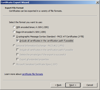 Certificate Export Wizard Page 2